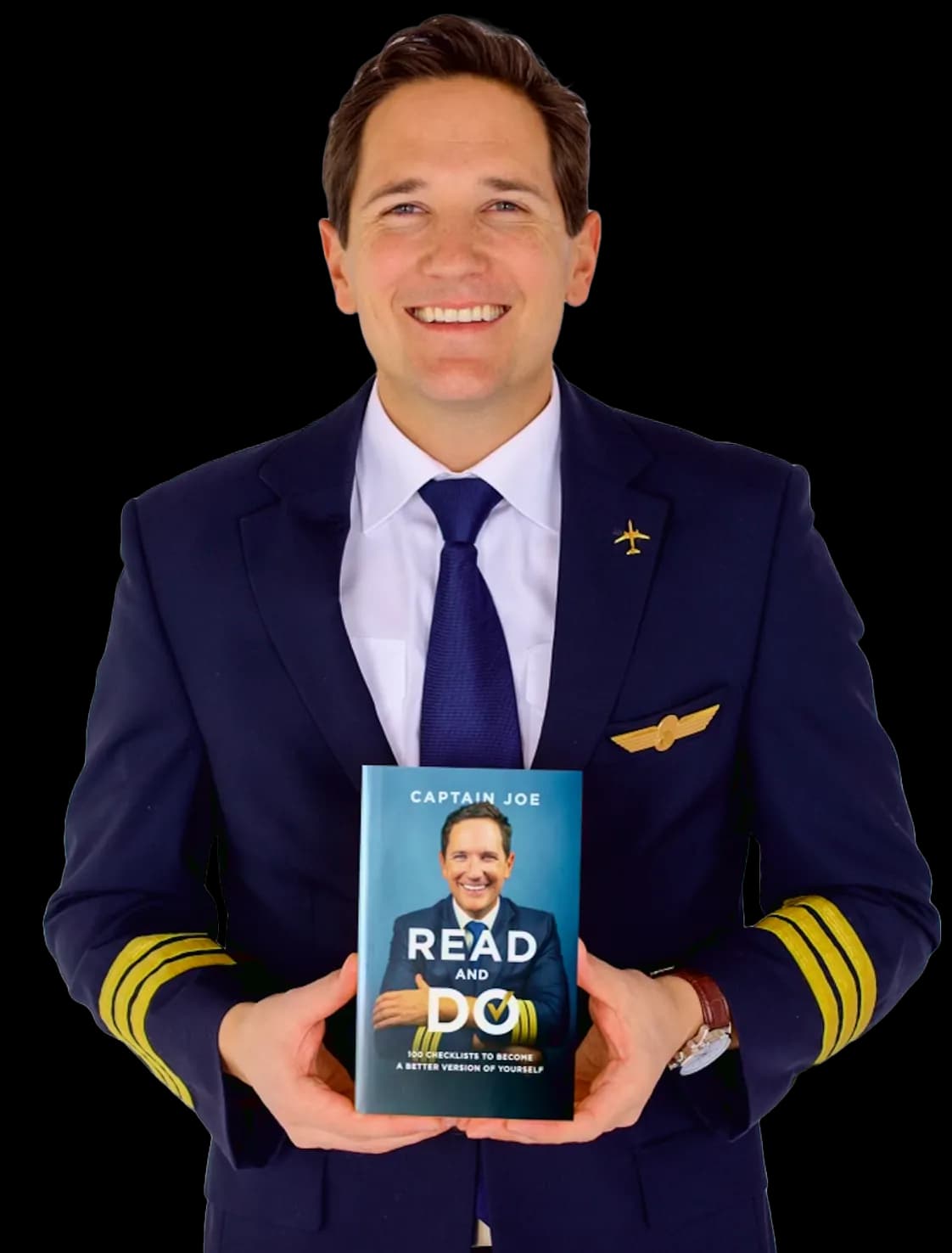 Captain Joe hält sein READ & DO Checklisten-Buch - Autor und Airline-Pilot mit 17+ Jahren Erfahrung
