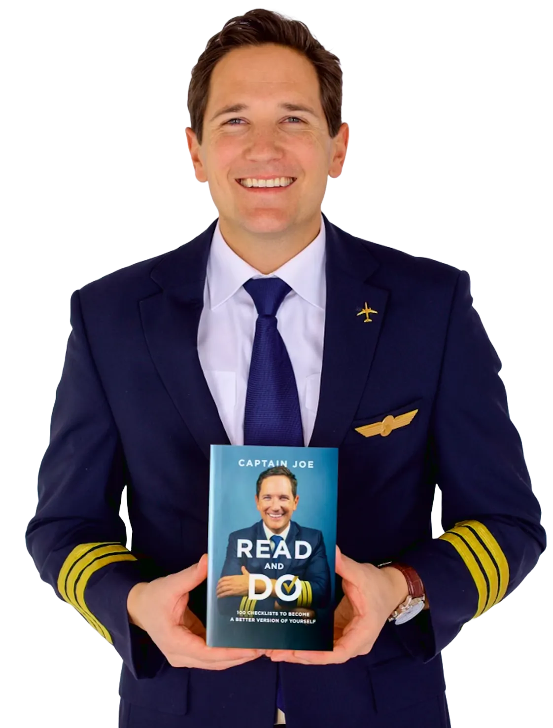 Captain Joe hält sein READ & DO Checklisten-Buch - Autor und Airline-Pilot mit 17+ Jahren Erfahrung
