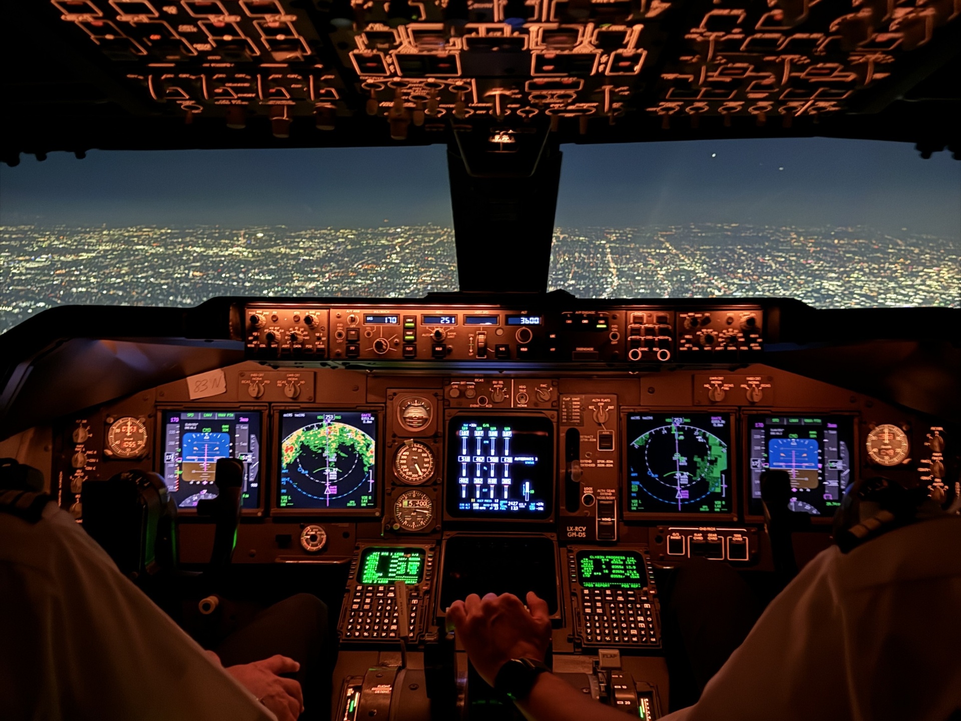Captain Joe in airplane cockpit at sunset - professional airline pilot with 17+ years experience